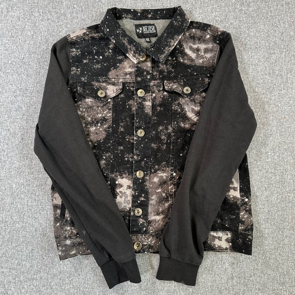 Rude Mens XS Denim Jacket Acid Wash Splatter Black‎ Jersey Sleeve Streetwear